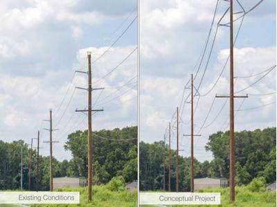 Side by side comparison of two utility poles